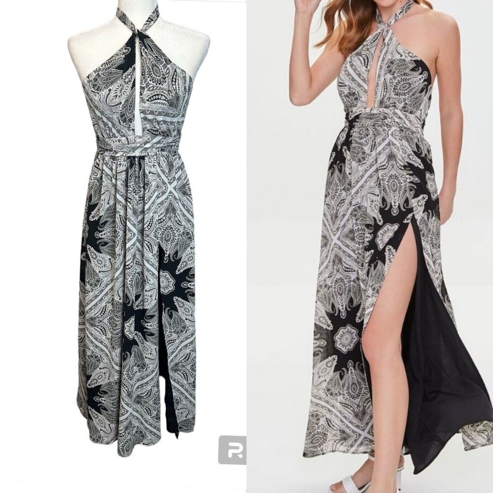 Forever 21 Maxi Dress Size S Halter Black White‎  Fanciful Feat Flowy Paisley